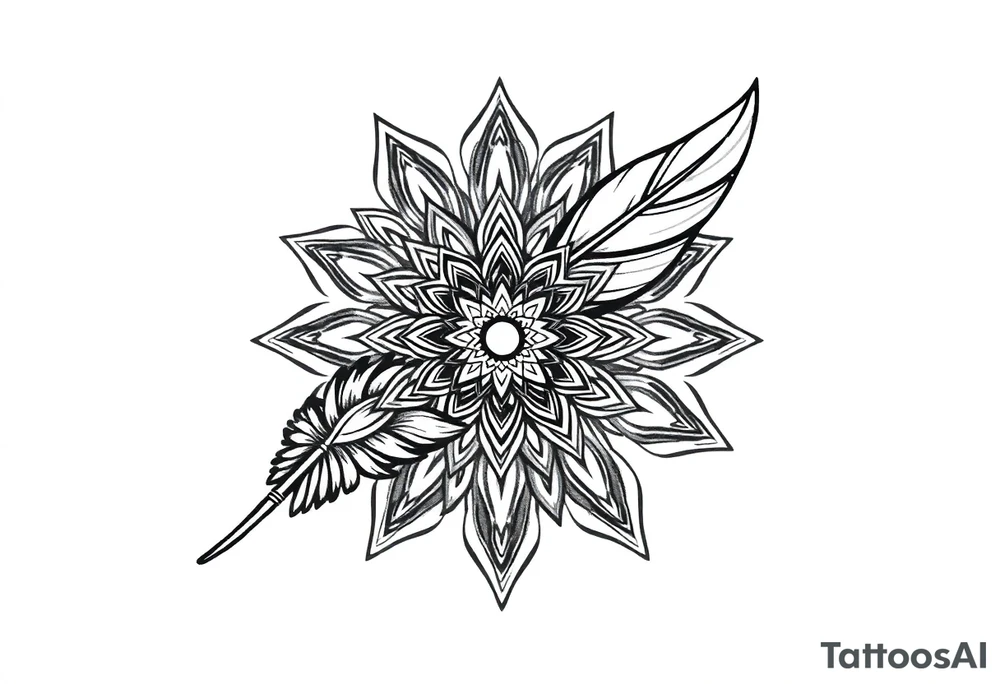 spiritual bold line feather mandala tattoo idea
