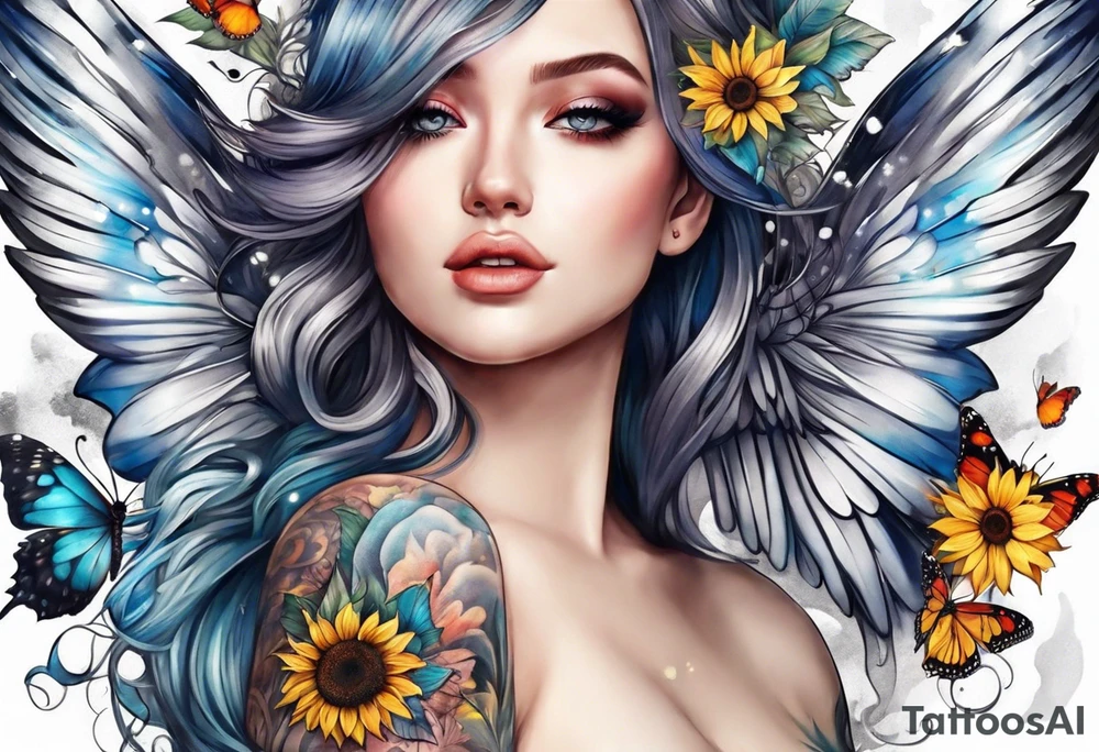 Sleeve with angel wings, sunflower and butterfly tattoo idea