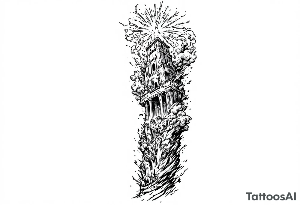 this will be a right arm sleeve.

A crumbling tower struck by lightning, with people scattering in chaos.
Fire raining down from heaven on a burning city, with smoke rising.
A blazing altar with fire falling from heaven
 Floodwaters overtaking the earth, with an ark in the distance. tattoo idea
