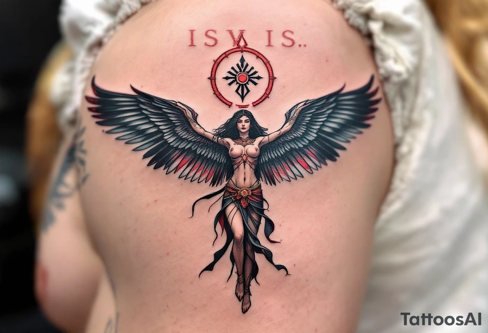 Isis Spreading Her Wings Over a Name or Symbol (red and black) tattoo idea