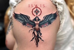 Isis Spreading Her Wings Over a Name or Symbol (red and black) tattoo idea