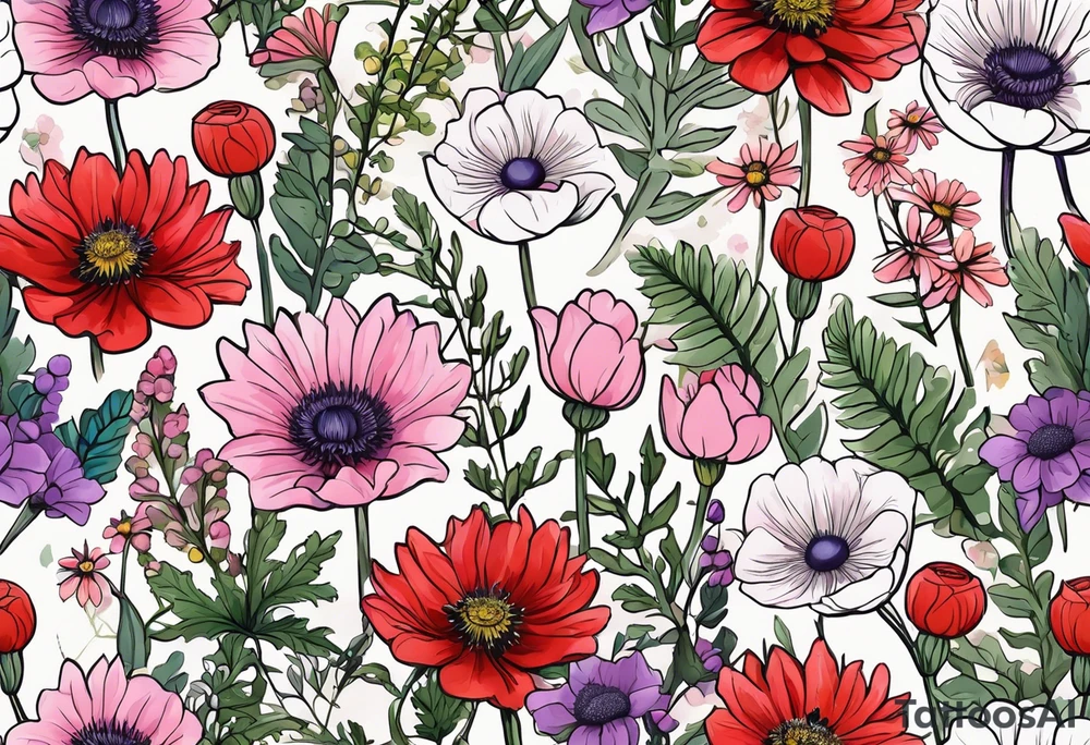 simple wildflowers with thistles, ferns, ranuculus, white anemones, sun flowers, red flowers, pink flowers, purple flowers, buttercups, babys breath, daisies, and greenery all in pastel color tattoo idea