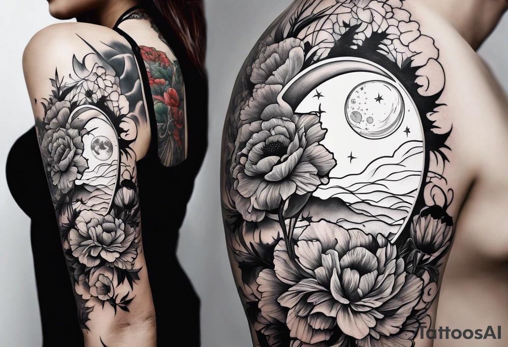 fine line vertical spine tattoo with stars, moon, clouds, poppy tattoo idea