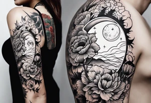 fine line vertical spine tattoo with stars, moon, clouds, poppy tattoo idea