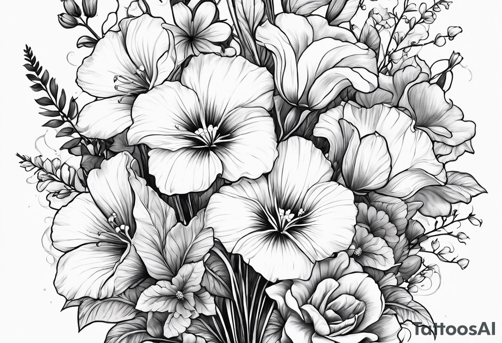 a vertical flower bouquet including sweet pea, larkspur, morning glory and cosmos tattoo idea