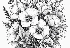 a vertical flower bouquet including sweet pea, larkspur, morning glory and cosmos tattoo idea