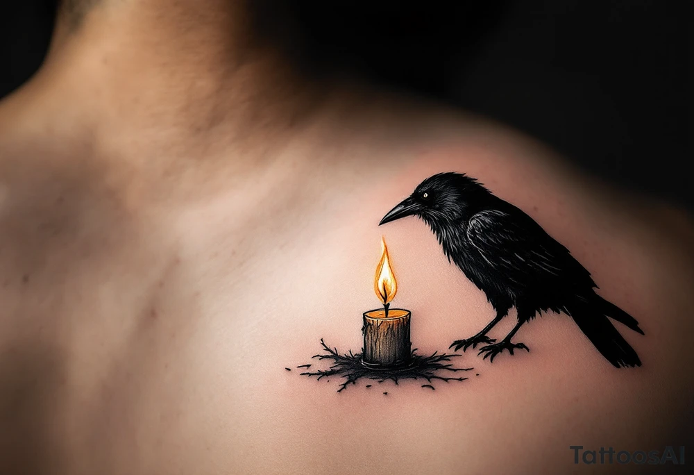 Crow and Candle – A black crow watching a flickering candle, flame done in muted gold and smoky orange tones. Gothic, moody vibe. tattoo idea