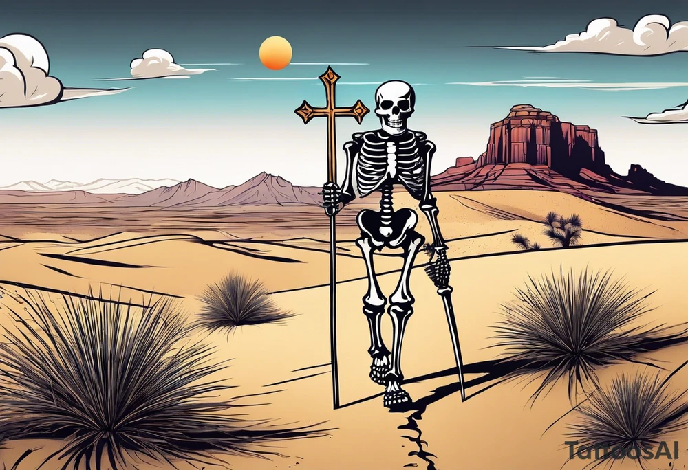 skeleton walking with a cross in a desert tattoo idea