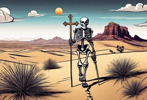 skeleton walking with a cross in a desert tattoo idea