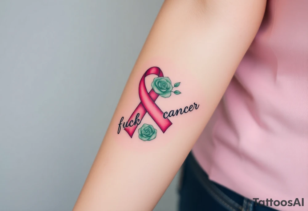 Pretty pink Cancer ribbon that says "fuck cancer"with 3 light green 
roses tattoo idea