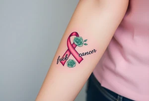 Pretty pink Cancer ribbon that says "fuck cancer"with 3 light green 
roses tattoo idea