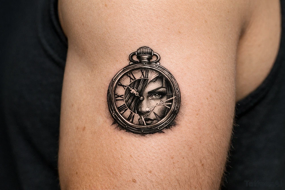 Large pocket watch, Margo's face peering through the glass. tattoo idea