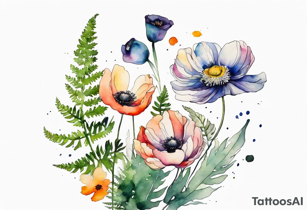 Minimalist Multicolored wild flowers with ferns and white anemone all watercolor tattoo idea