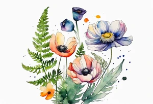 Minimalist Multicolored wild flowers with ferns and white anemone all watercolor tattoo idea
