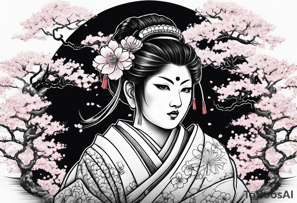 japanese evil spirit with japan and cherry blossom trees in the background tattoo idea