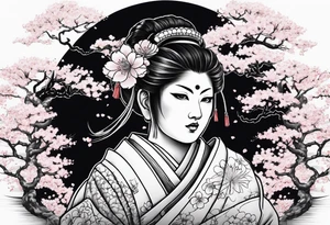 japanese evil spirit with japan and cherry blossom trees in the background tattoo idea