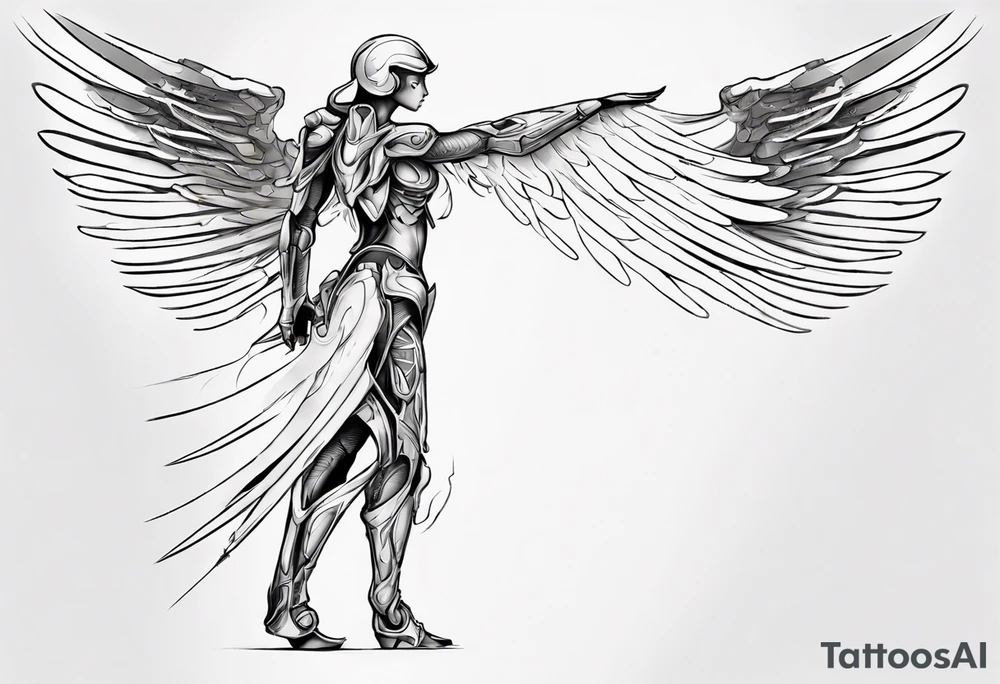 Side view of an angel wearing inorganic armor that is in mid-air stance tattoo idea