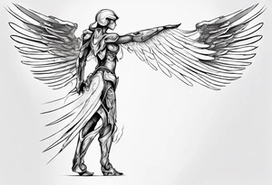 Side view of an angel wearing inorganic armor that is in mid-air stance tattoo idea