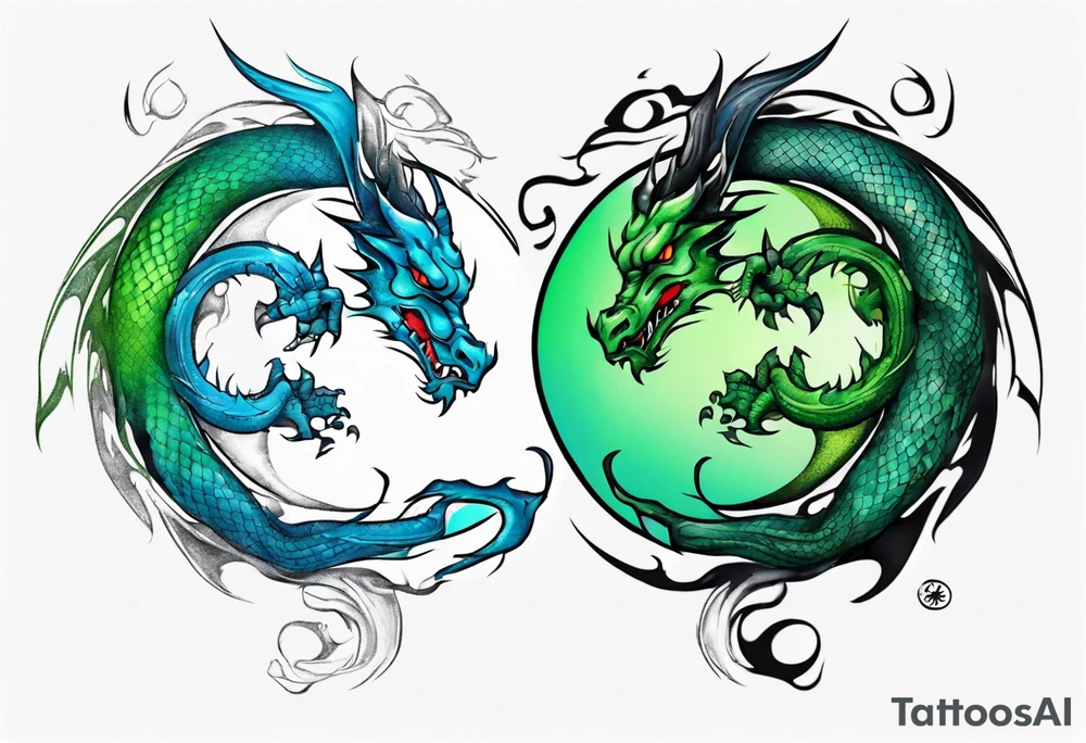 dragon half blue half green ying yang tattoo idea