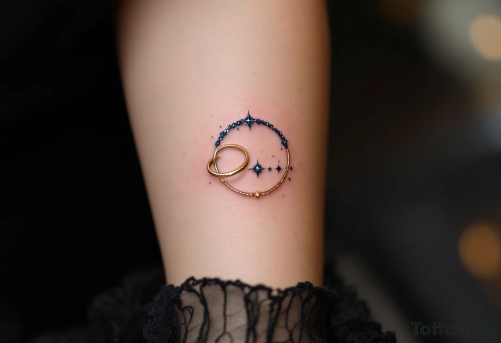 A trio of celestial rings in soft white, navy blue, and shimmering gold, representing love that transcends time and space. tattoo idea