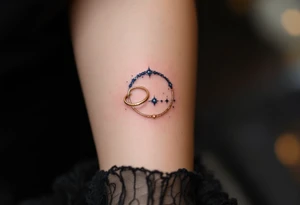 A trio of celestial rings in soft white, navy blue, and shimmering gold, representing love that transcends time and space. tattoo idea