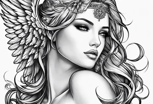 Angel left wing, side way with name Leah. For chest tattoo on left pec tattoo idea