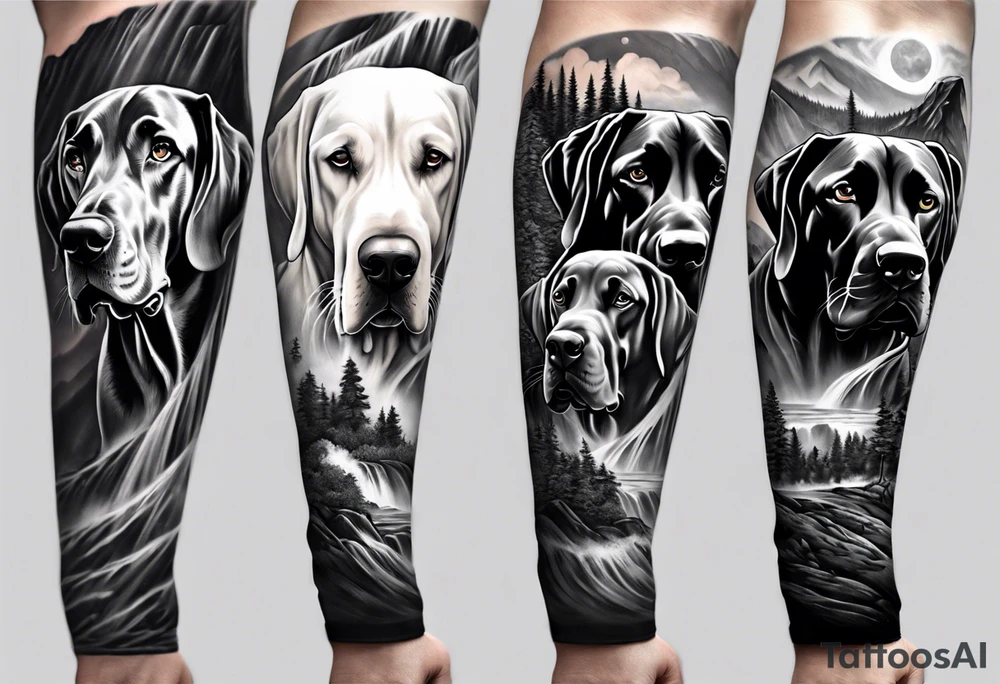 Full arm sleeve. Four Great Danes together exploring waterfall tattoo idea