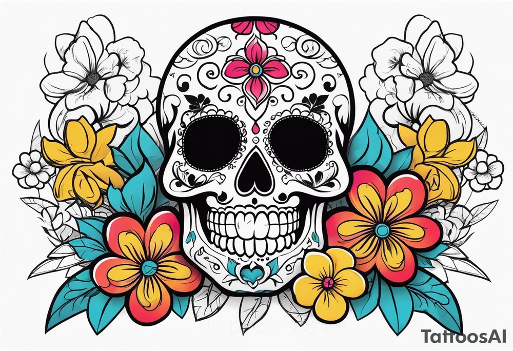 Sugar skull with flowers simplistic tattoo idea