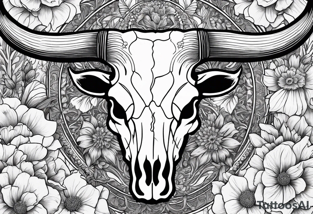 Detailed drawing of a longhorn skull surrounded by detailed flowers tattoo idea