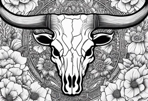 Detailed drawing of a longhorn skull surrounded by detailed flowers tattoo idea