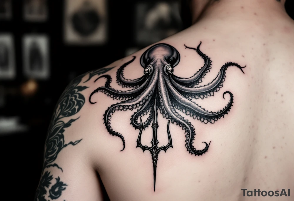 giant squid around a trident tattoo idea