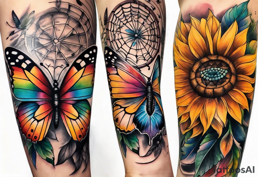 arm sleeve with dreamcatcher, rainbow sunflowers and one butterfly tattoo idea