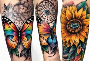 arm sleeve with dreamcatcher, rainbow sunflowers and one butterfly tattoo idea