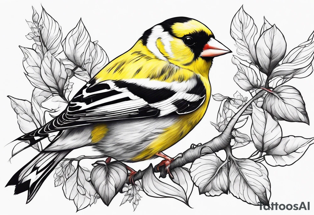 Generate a tattoo design of a goldfinch surrounded by delicate vines, emphasizing its bright colors and playful nature tattoo idea
