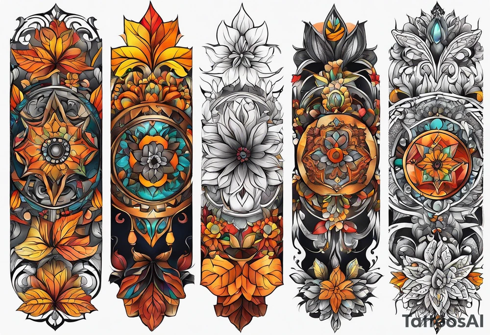 Arm Sleeve Tattoo with fall colors flat tattoo idea