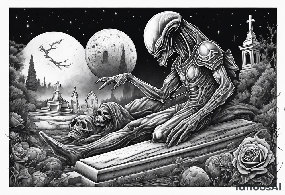 Alien dragging a dead human through a cemetary tattoo idea