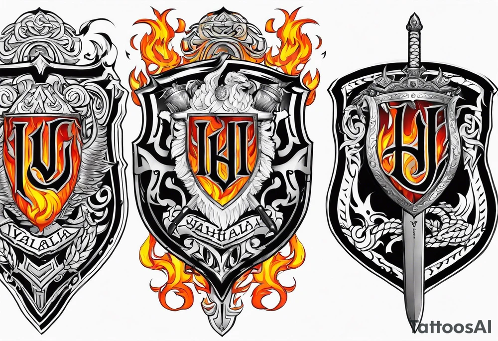 Valhalla on  fire shield sword tattoo idea