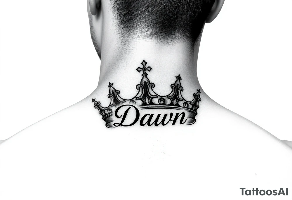 Crown with name Dawn on side of neck tattoo idea
