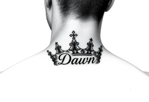 Crown with name Dawn on side of neck tattoo idea