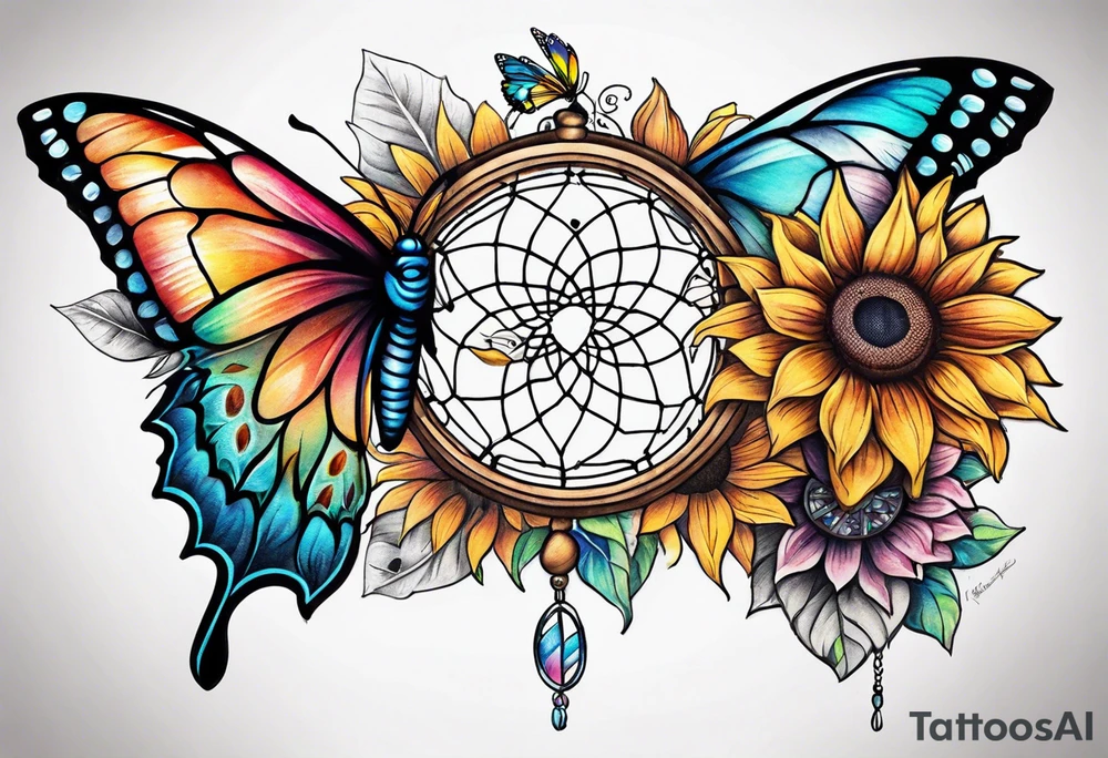 Quarter Leg sleeve with dreamcatcher, rainbow sunflowers and one butterfly tattoo idea