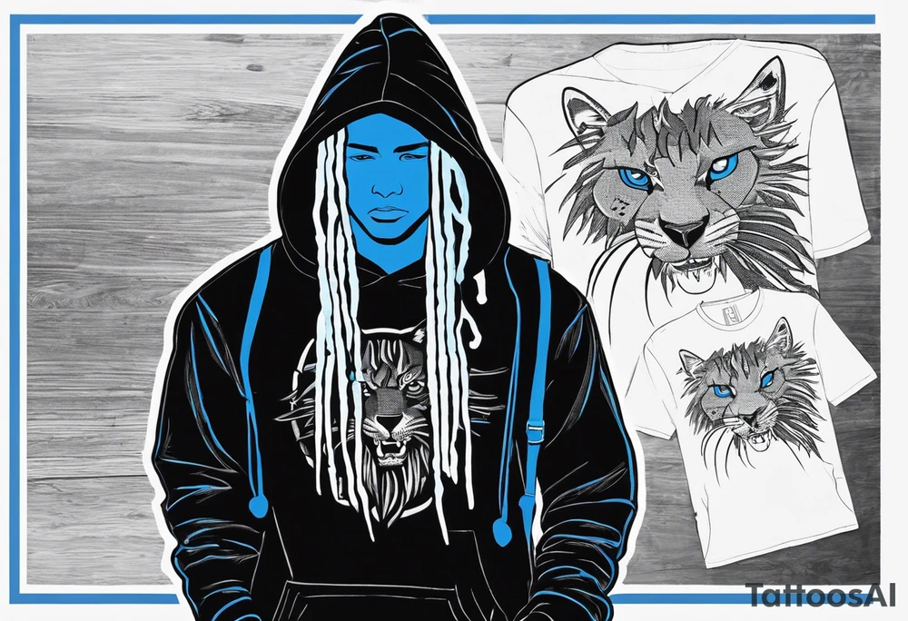 black well built teen with with a grey hoodie on and blue jeans with long dreads turning into a blue wildcat in various spots on his body. I want his hoodie appear as if its been ripped in random places from the inside with I Carolina blue football jersey showing underneath that reads Camden tattoo idea