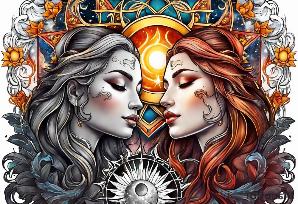 Twin flame with sun and moon tattoo idea