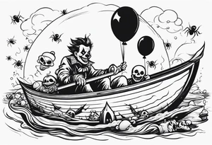 penny wise clown riding on a paper boat dragging skulls from other dead people behind him through the sewer system with a balloon covered in spiders tattoo idea