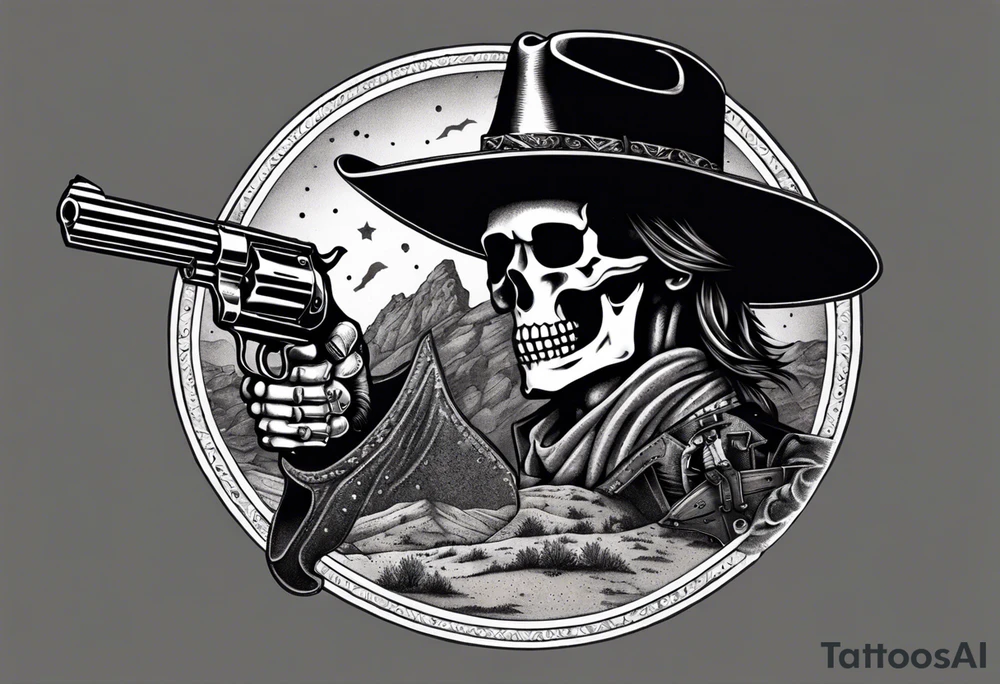 skeleton with a cowboy hat, holding a revolver, in the background there's a western hill and a man on a horseback tattoo idea