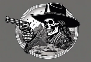 skeleton with a cowboy hat, holding a revolver, in the background there's a western hill and a man on a horseback tattoo idea