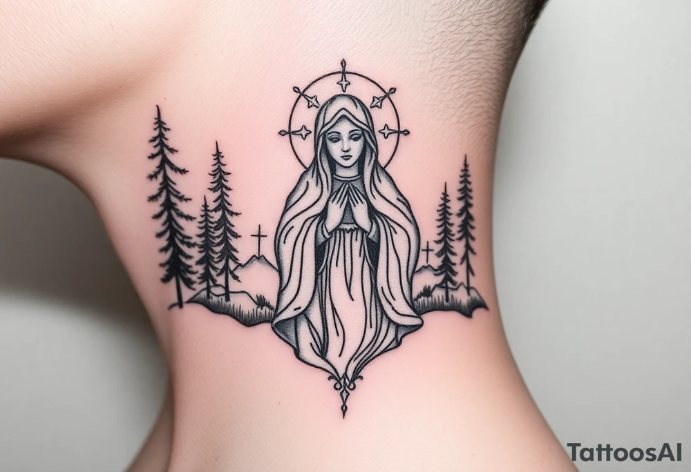 virgin mary in a russian wilderness setting tattoo idea