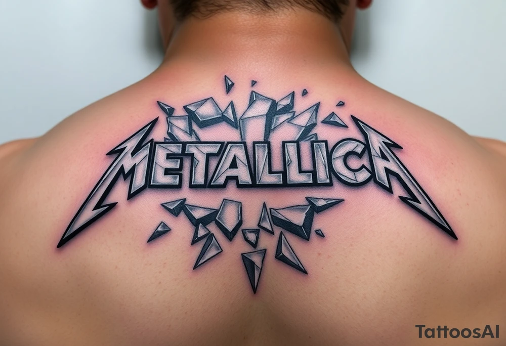 A detailed depiction of the "Metallica" logo in a sharp, angular font, surrounded by shards of shattered glass, glowing with metallic silver and dark shadows tattoo idea