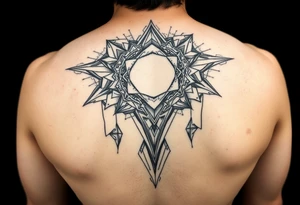 other worldly that covers the upper middle back and is geometric that also uses negative spaces tattoo idea