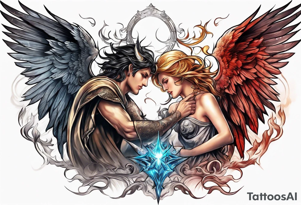 Angel and devil fighting back tattoo design tattoo idea