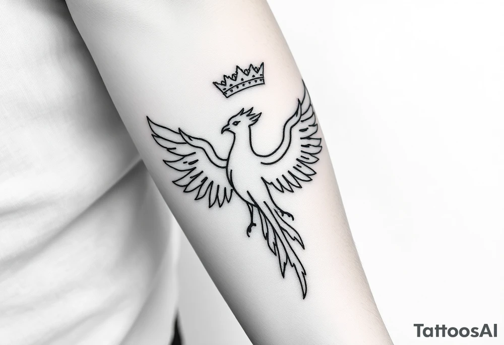 Minimal phoenix and crown fine lines tattoo idea